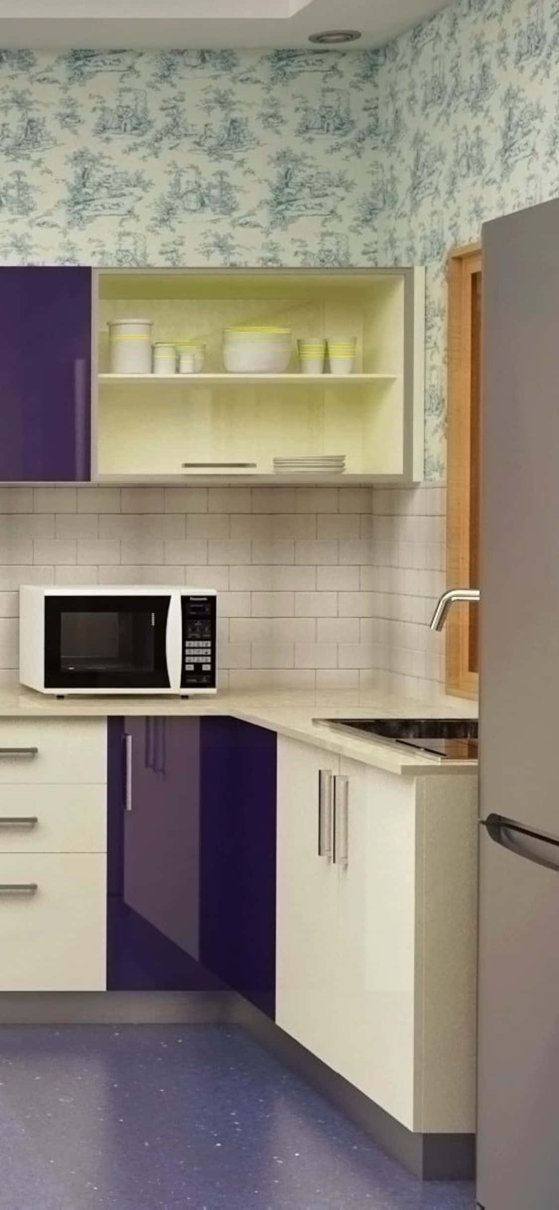 kitchen 桌布 壁紙 — 現代廚房，紫色櫥櫃，白色磁磚牆，藍色斑點地板，溫暖燈光下。