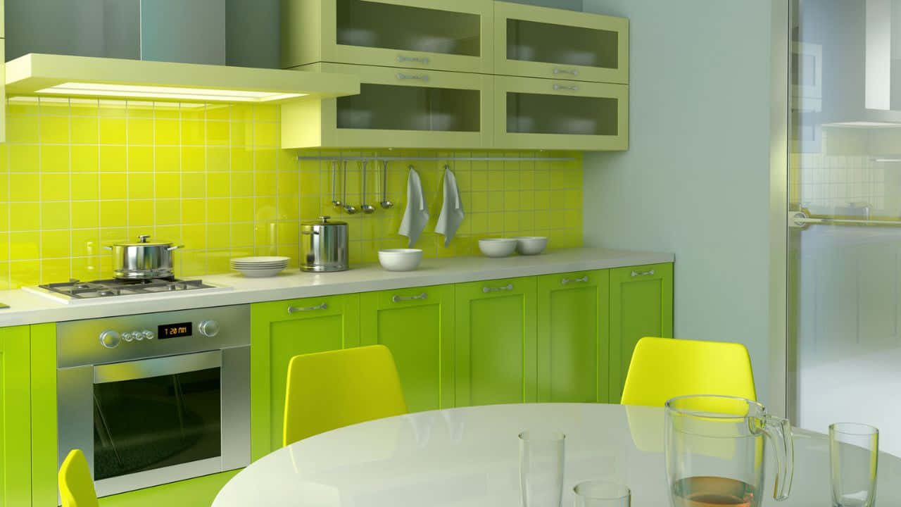 720p Kitchen 桌布 壁紙 — 現代廚房，配以鮮豔的青檸綠色櫥櫃和黃色瓷磚防濺板，在明亮燈光下。