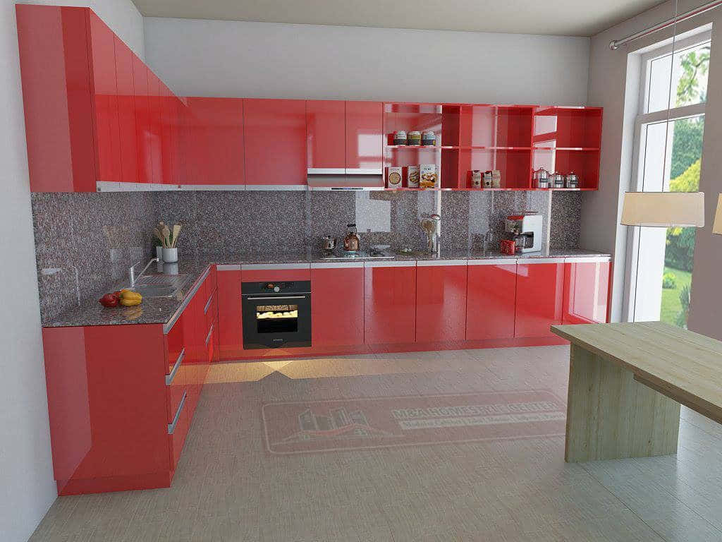 kitchen 桌布 壁紙 — 現代廚房，配有亮面紅色櫥櫃、花崗岩檯面，以及來自大窗戶的自然光。