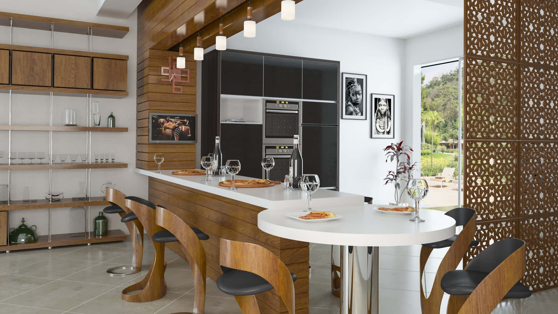 Home Interior 桌布 壁紙 — 現代廚房，配有木製吧檯凳和黑色櫥櫃，俯瞰著茂盛的花園。