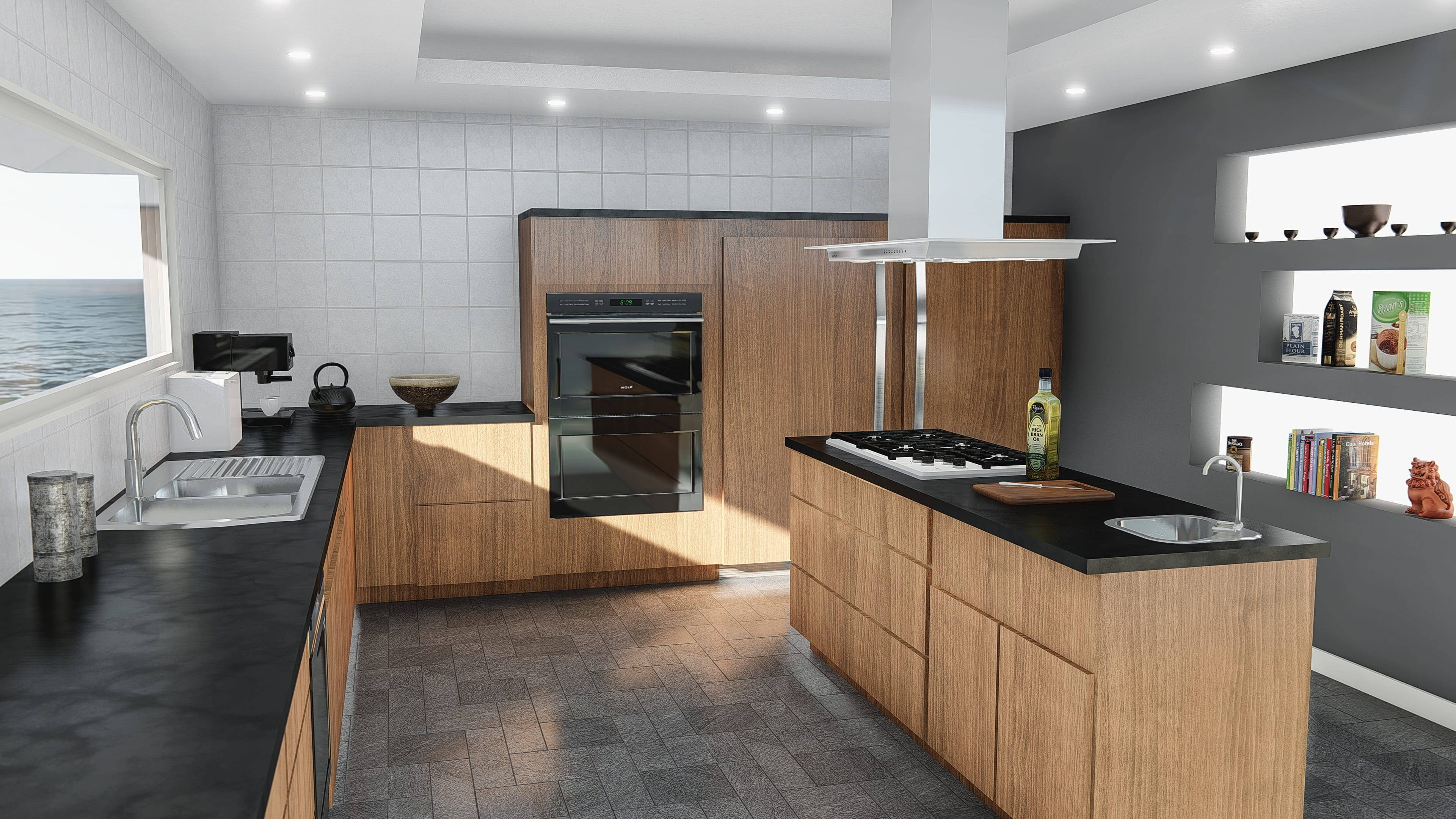 Kitchen Design 桌布 壁紙 — 現代廚房，配有木製櫥櫃、黑色檯面，以及透過窗戶欣賞海景，沐浴在自然光中。