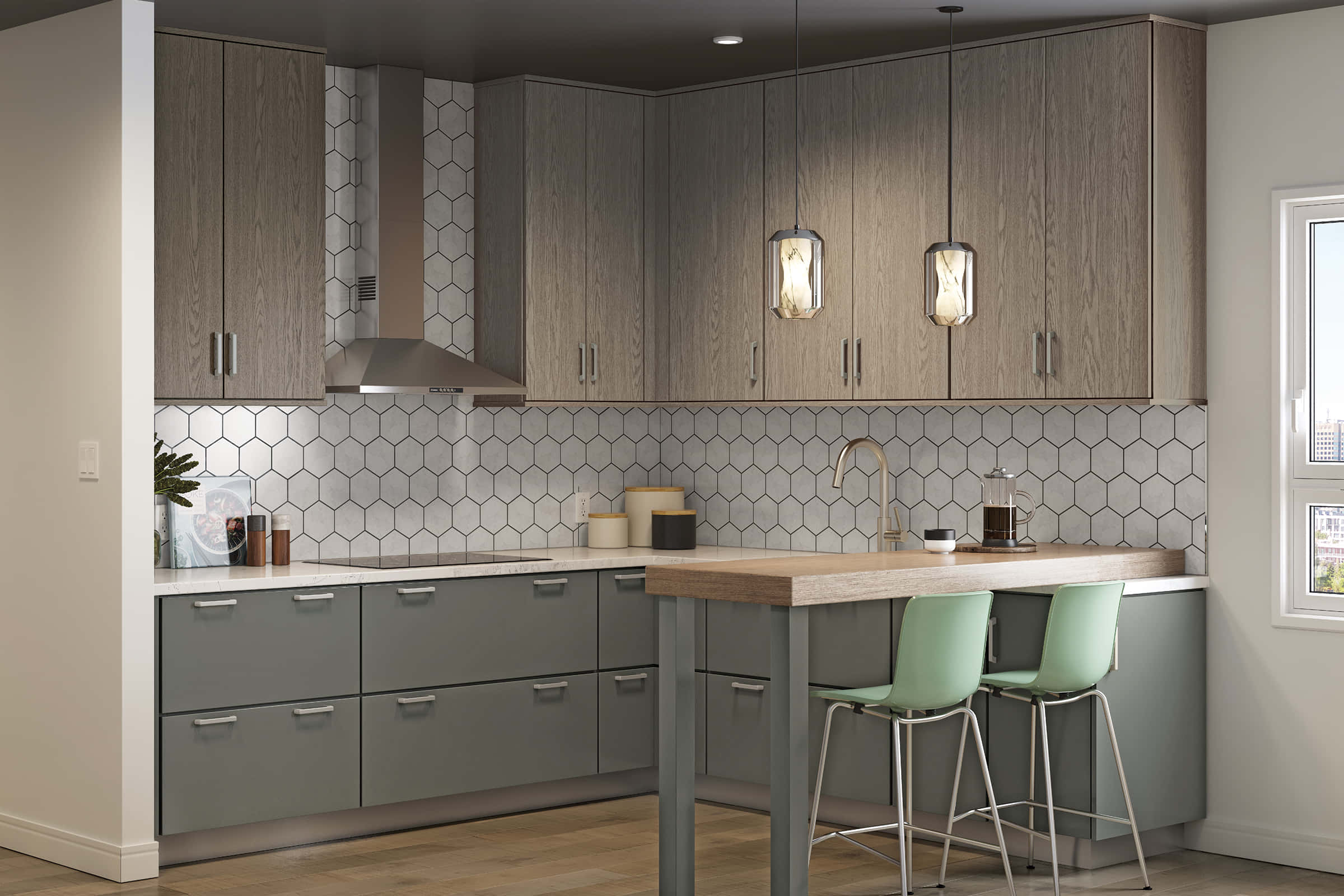 kitchen 桌布 壁紙 — 現代廚房，配有灰色櫥櫃、六角形瓷磚防濺板以及吊燈下的薄荷綠色吧檯凳。