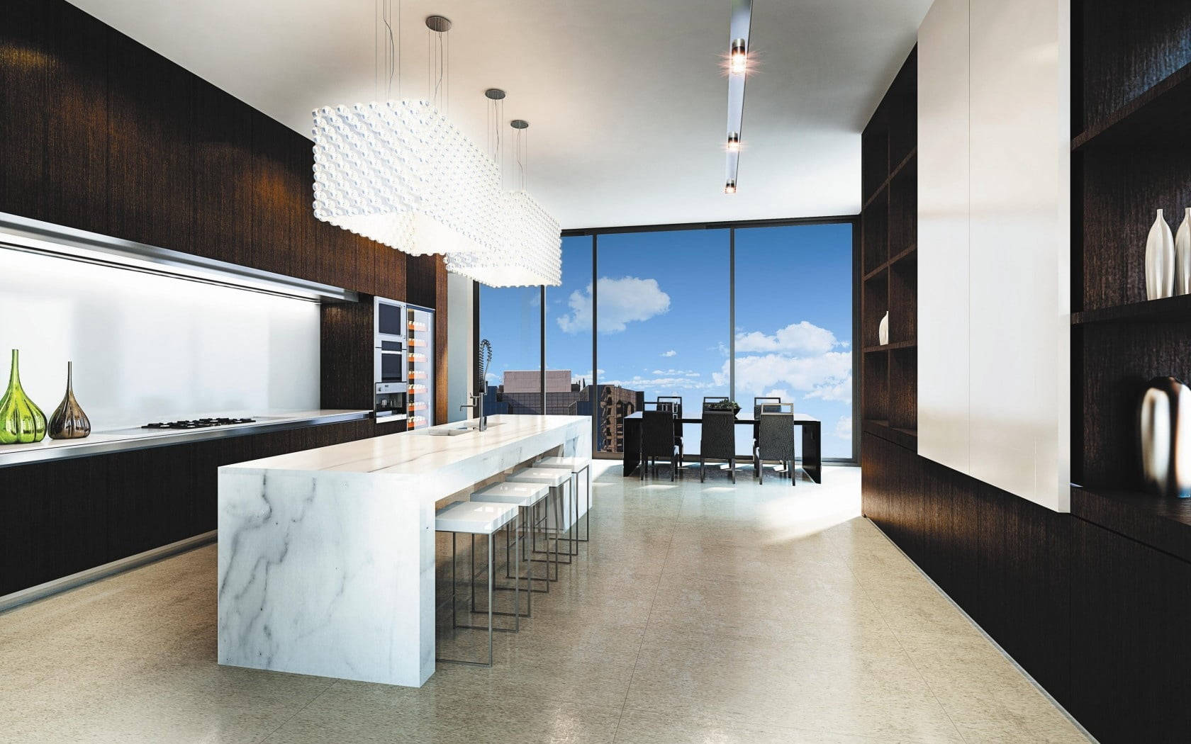 Interior Design 桌布 壁紙 — 現代廚房，配有白色大理石中島和深色木櫥櫃，透過落地窗俯瞰城市天際線。