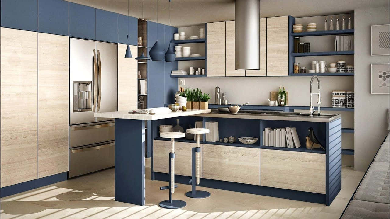 kitchen 桌布 壁紙 — 現代廚房，配有藍色和木質櫥櫃、不鏽鋼電器以及溫暖陽光下的吧檯凳。