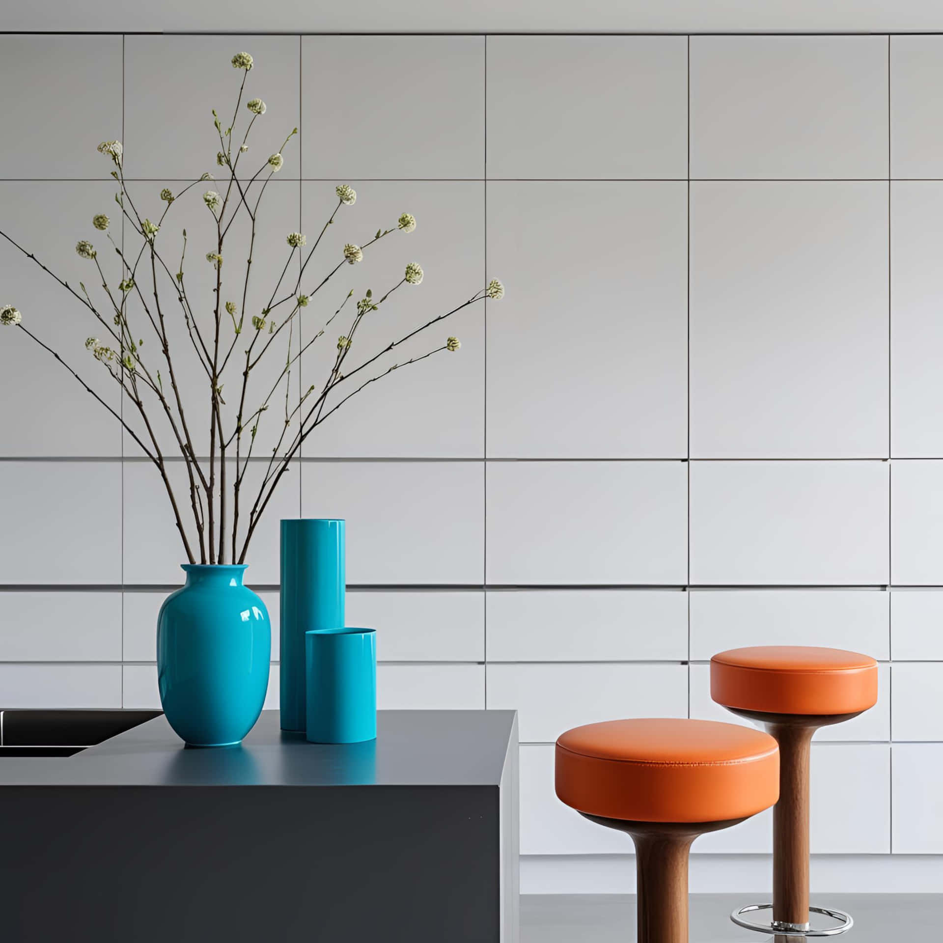 Still life with blue vases branches and orange stools against a tiled white wall backdrop 壁紙 — 現代廚房檯面，放有兩個青綠色花瓶插著光禿樹枝，以及兩個橙色凳子，背景是白色瓷磚牆。