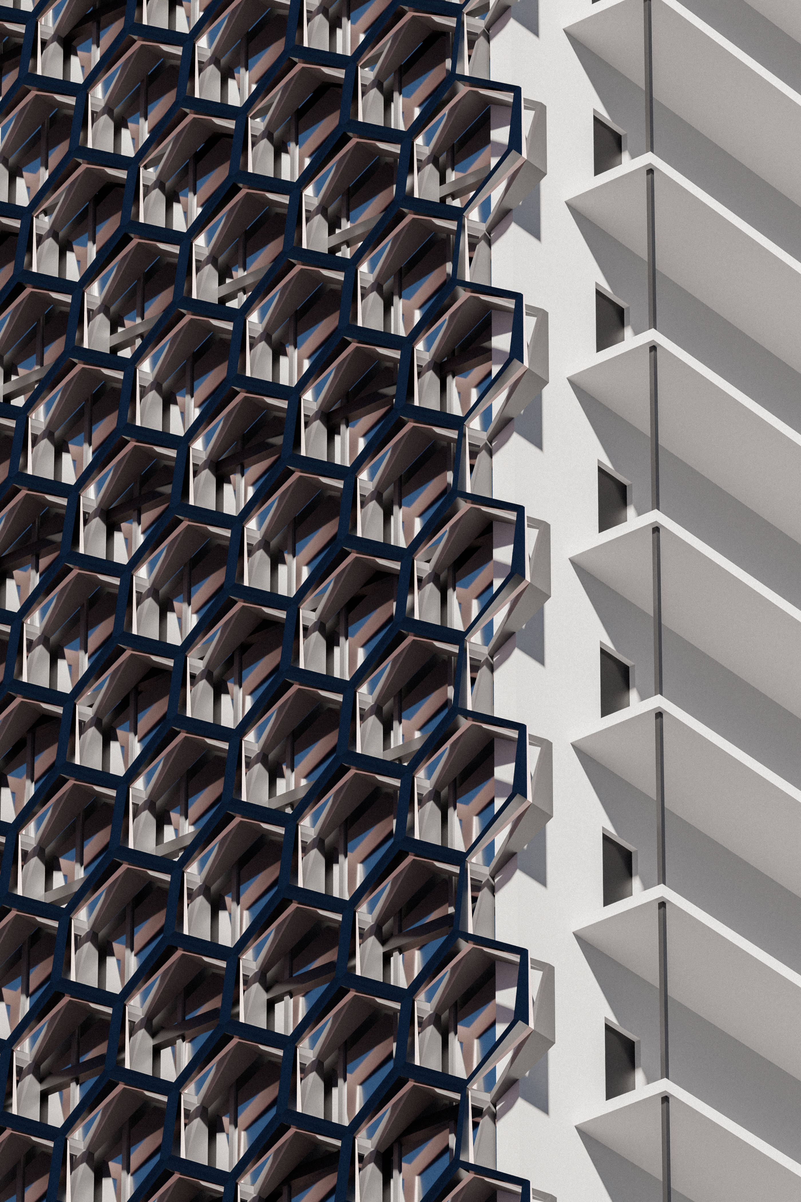 Honeycomb 桌布 壁紙 — 現代建築物外牆的特寫，重複的六角形陽台投射出銳利的幾何陰影。