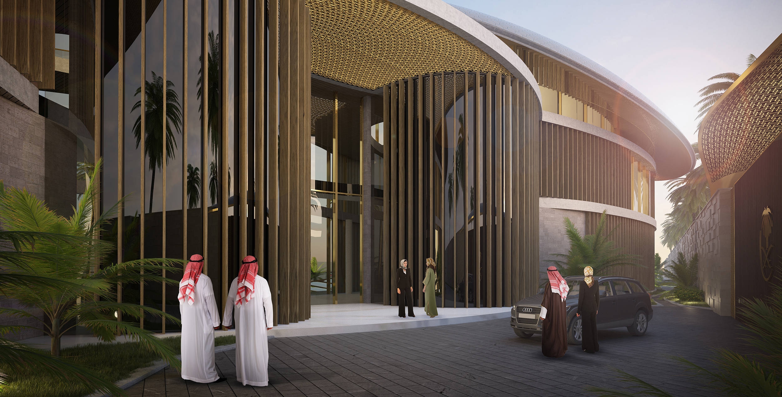 Riyadh 桌布 壁紙 — 現代彎曲建築，金色格子屋頂和垂直木條，在黃金時刻歡迎穿著傳統服飾的客人。