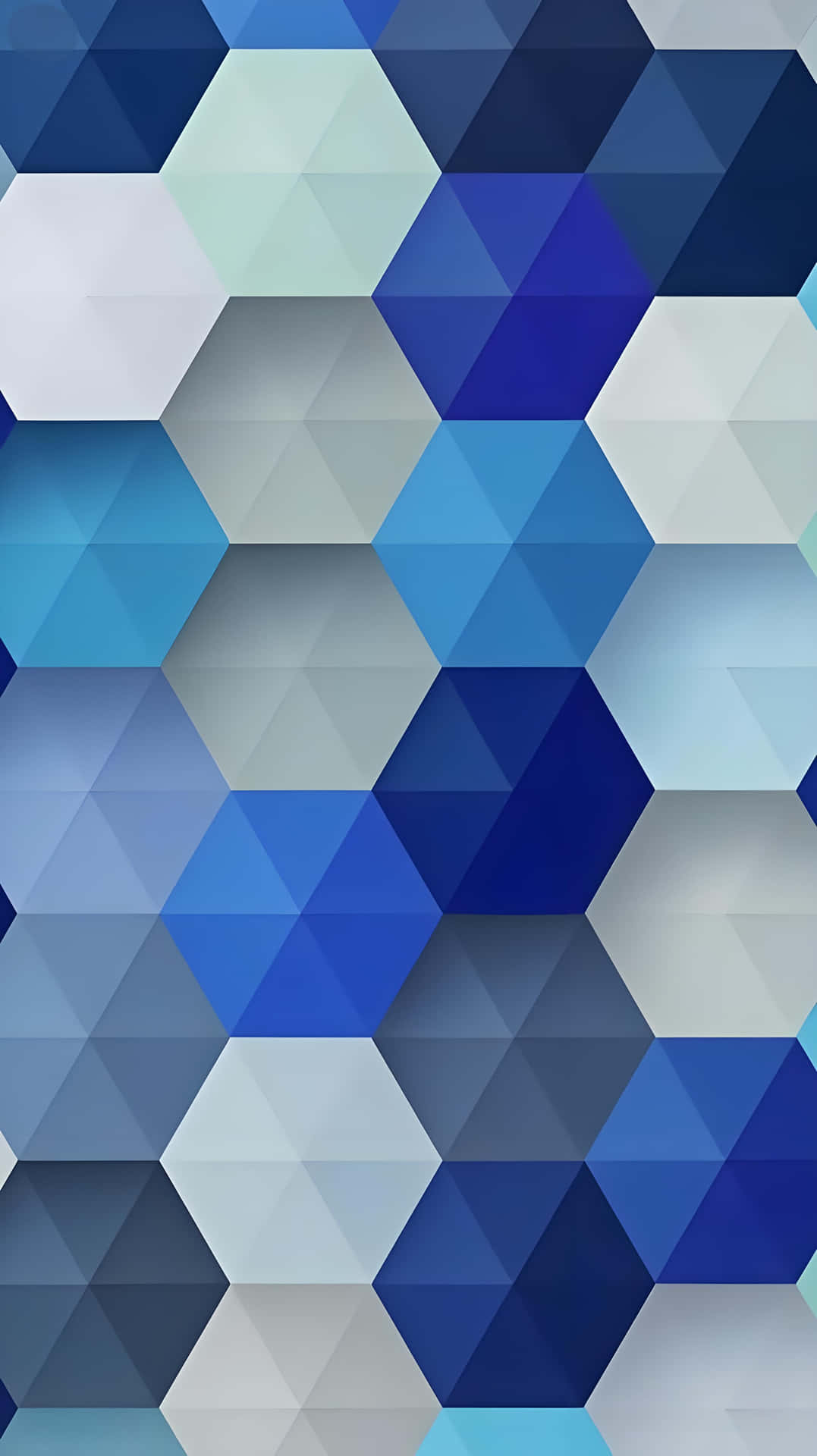 Blue Hexagon Geometric Wallpaper 壁紙 — 現代抽象壁紙，具有重複的六邊形圖案，填充了不同深淺的藍色和灰色。
