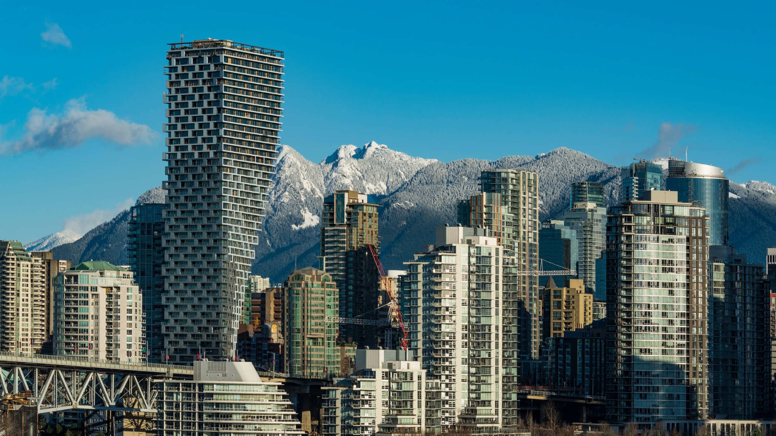 Buildings 桌布 壁紙 — 現代摩天大樓在清澈藍天下以積雪山脈為背景聳立。