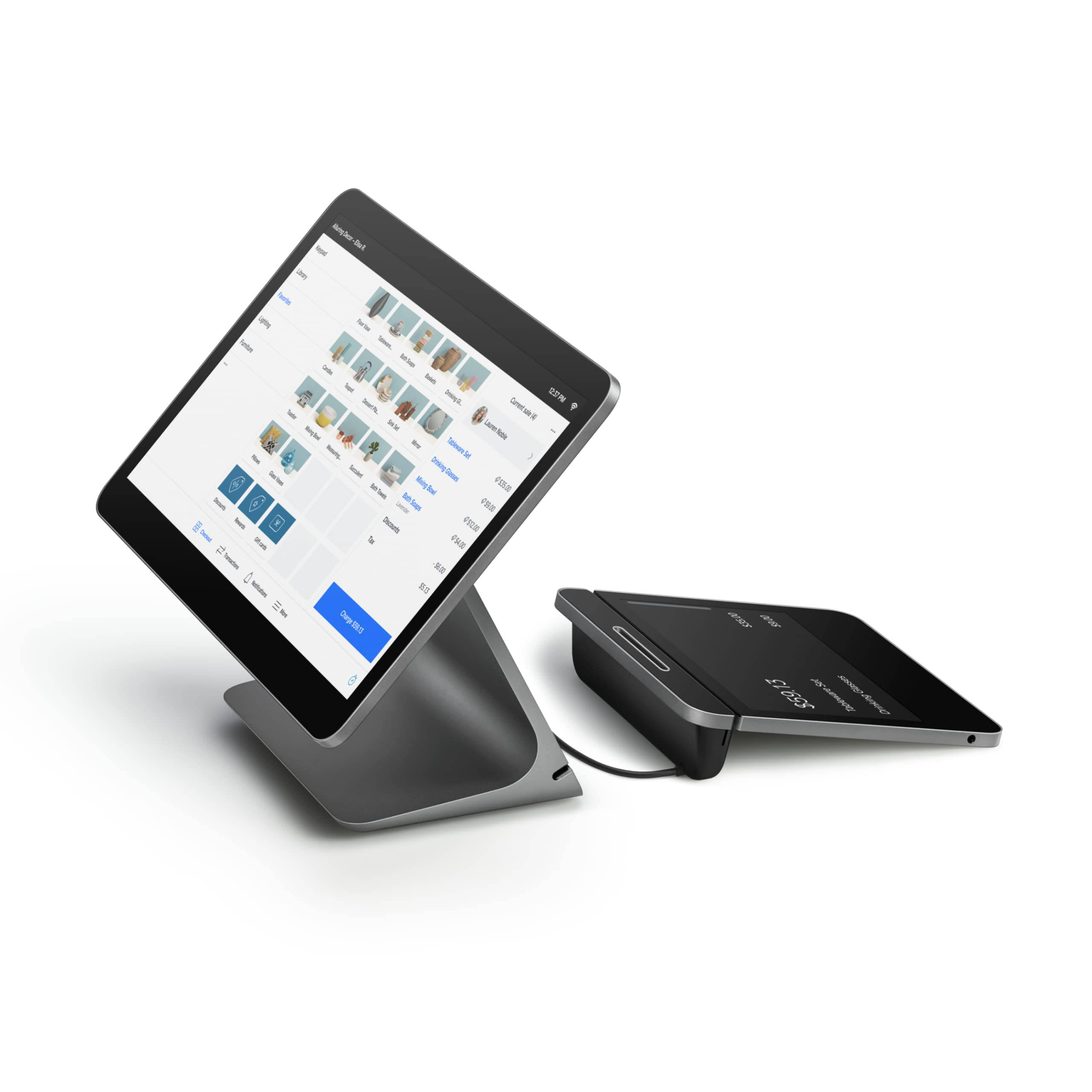 Square 桌布 壁紙 — 現代時尚黑色觸控螢幕POS系統，配備選單顯示器和讀卡機，置於簡約白色背景上。