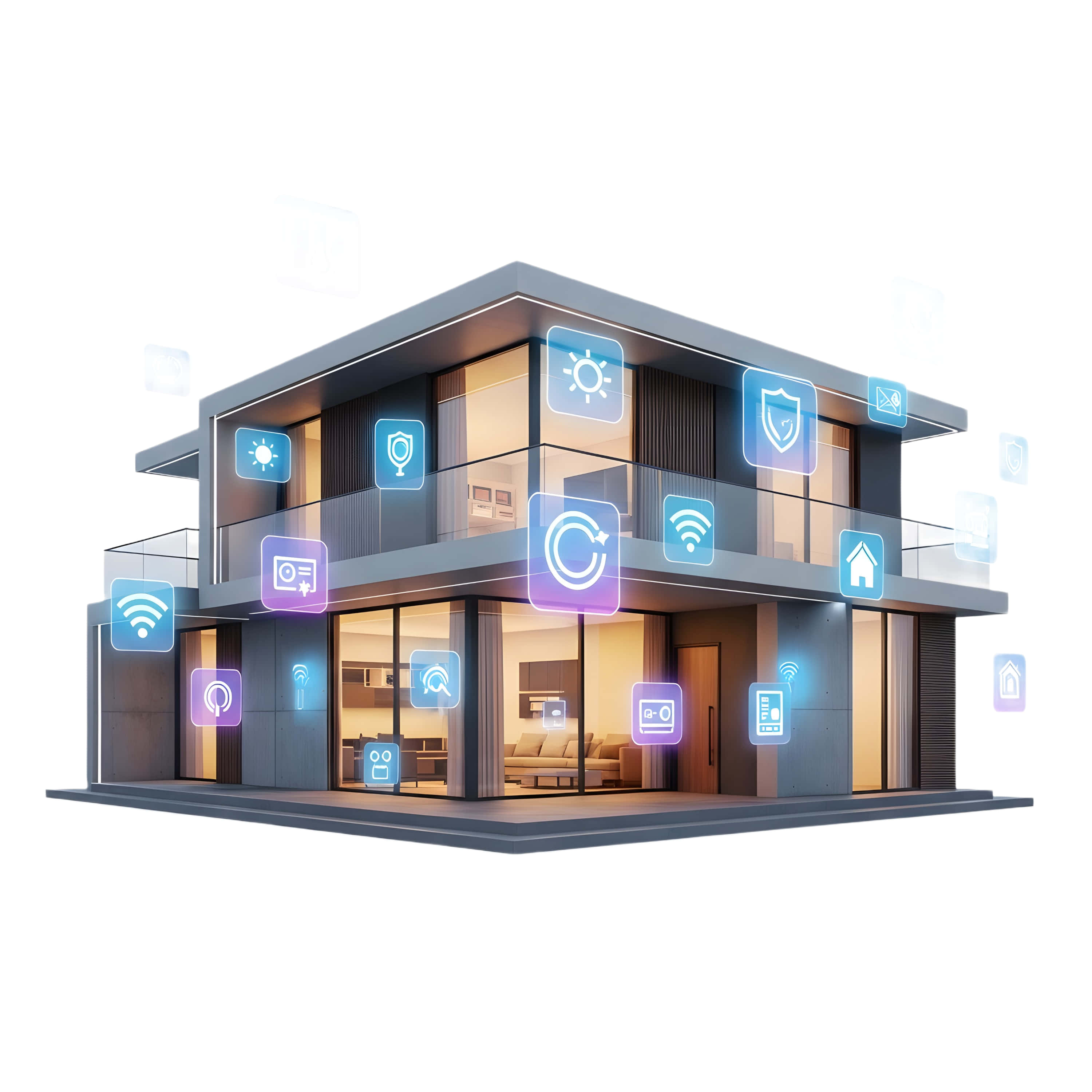 Building 桌布 壁紙 — 現代智慧家居，帶有發光的藍色和紫色圖標，用於安全照明和連接，漂浮在玻璃外牆周圍。