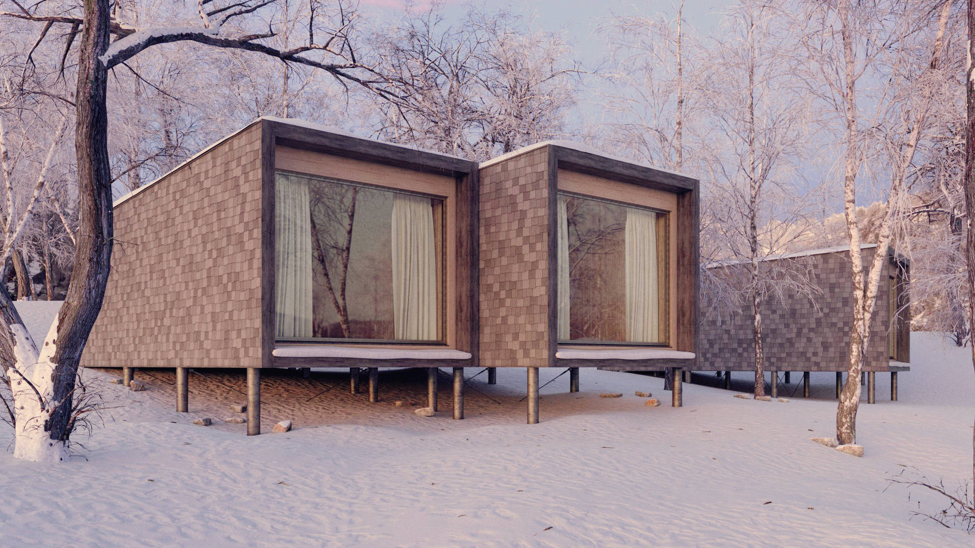 冬季房屋 桌布 壁紙 — 現代木製小屋高蹺式矗立在白雪覆蓋的冬季森林中，樹木光禿，光線柔和。