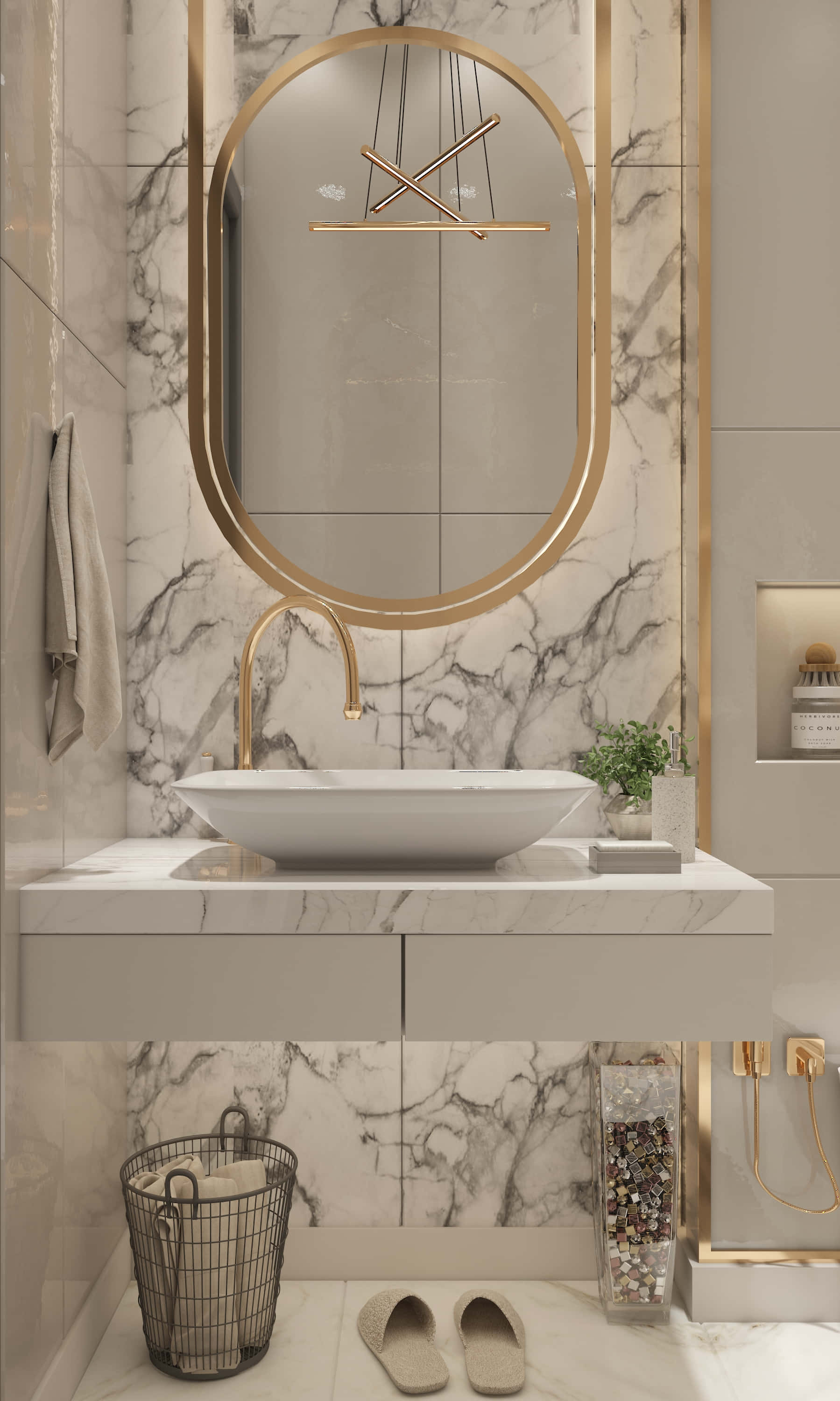 bathroom 桌布 壁紙 — 現代浴室，白色大理石牆壁，浮動梳妝檯，金色鏡框和時尚配件。