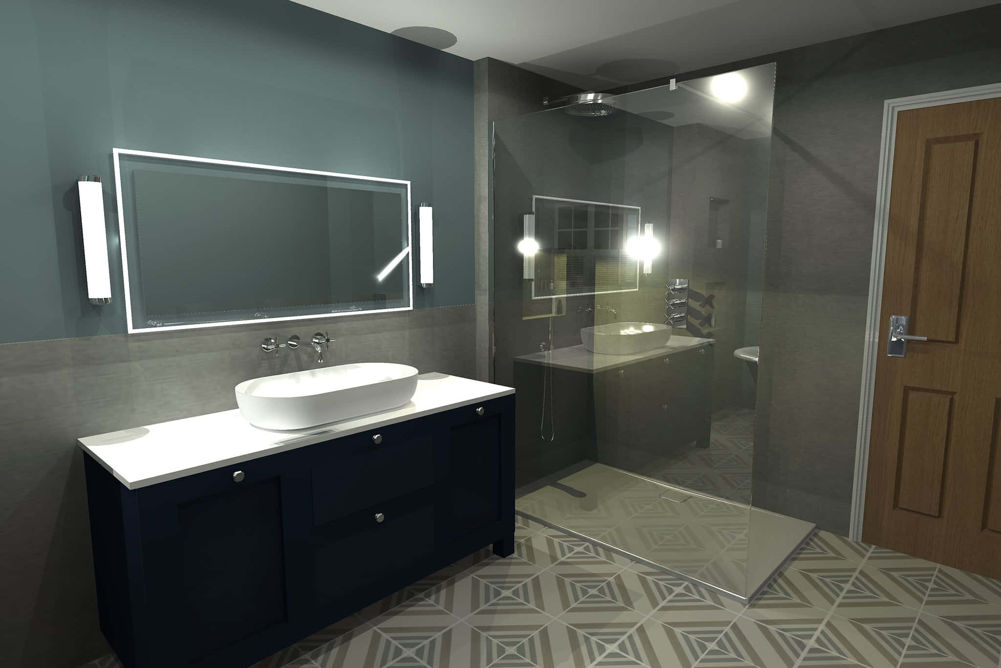 Bathroom Decor 桌布 壁紙 — 現代浴室，設有深藍色梳妝台、白色洗手盆、玻璃淋浴間和幾何圖案瓷磚地板，配以溫暖的燈光。