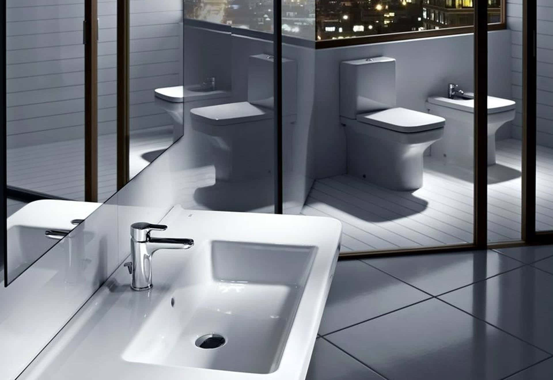 Bathroom Decor 桌布 壁紙 — 現代浴室，配有白色洗手盆、鍍鉻水龍頭和玻璃圍封的廁所區域，夜晚反射城市燈光。
