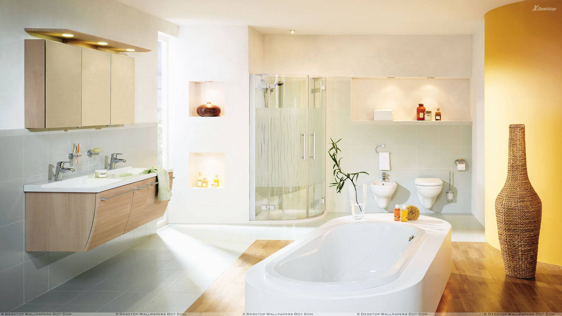 bathroom 桌布 壁紙 — 現代浴室，配有白色浴缸、木製洗手台、玻璃淋浴間和溫暖燈光，營造寧靜氛圍。