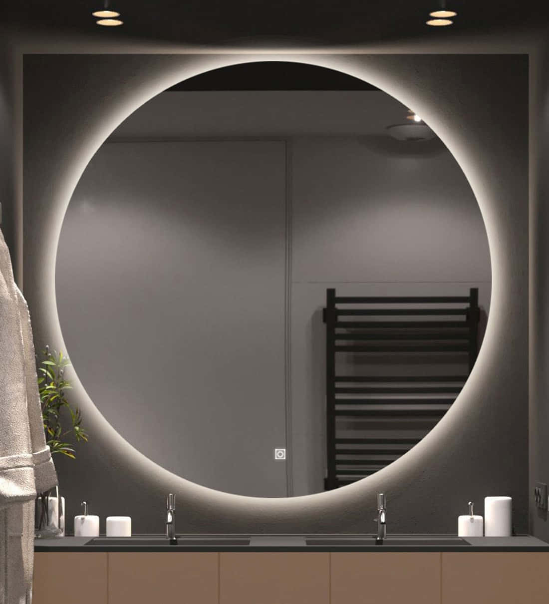 mirror 桌布 壁紙 — 現代浴室設有一個大型圓形鏡子，帶有發光LED邊框，位於雙洗手盆上方，配以簡約風格的龍頭。