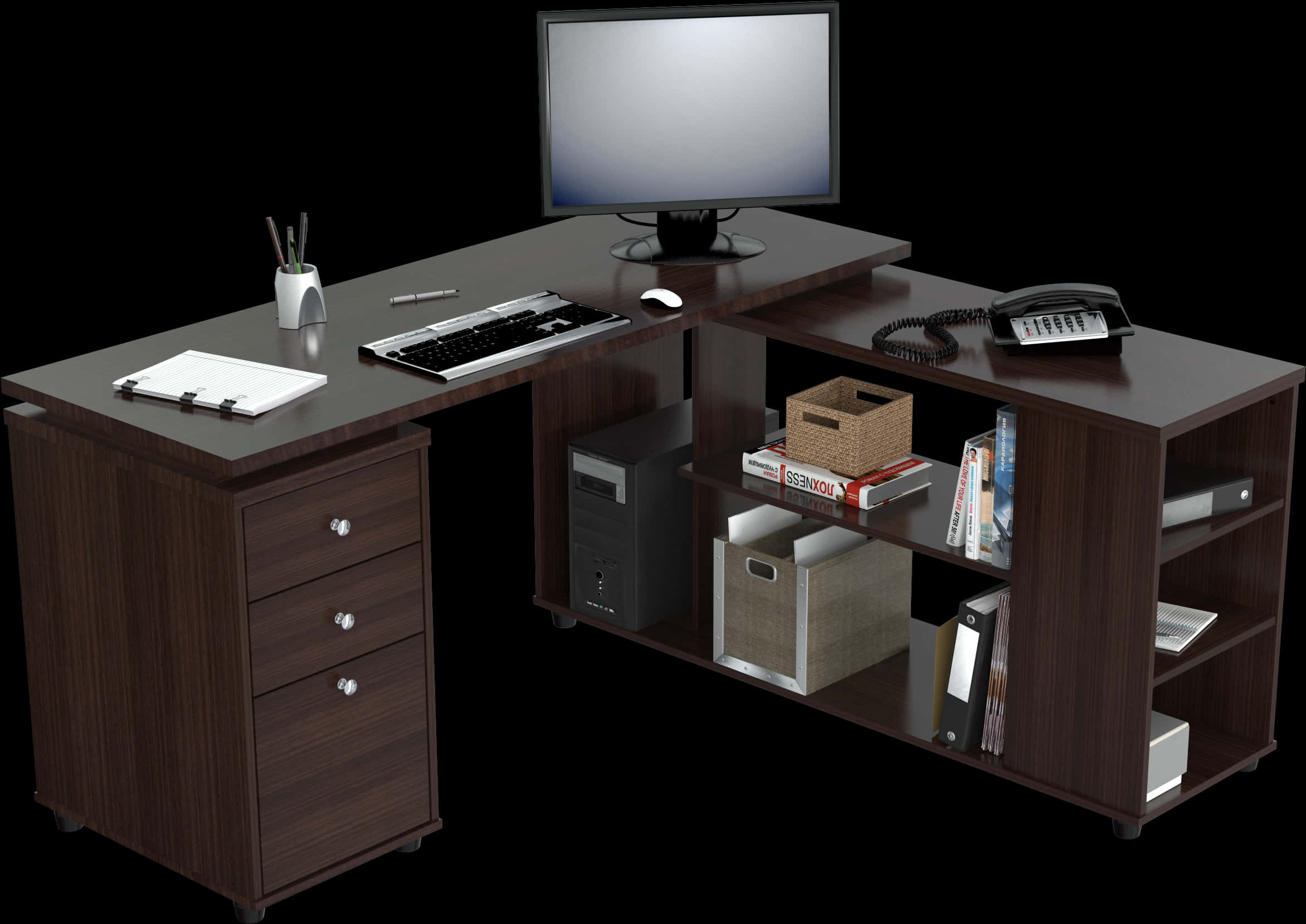 Desk 桌布 壁紙 — 現代深色木質L形書桌，配備電腦顯示器、鍵盤、滑鼠和整齊的架子，背景為黑色。