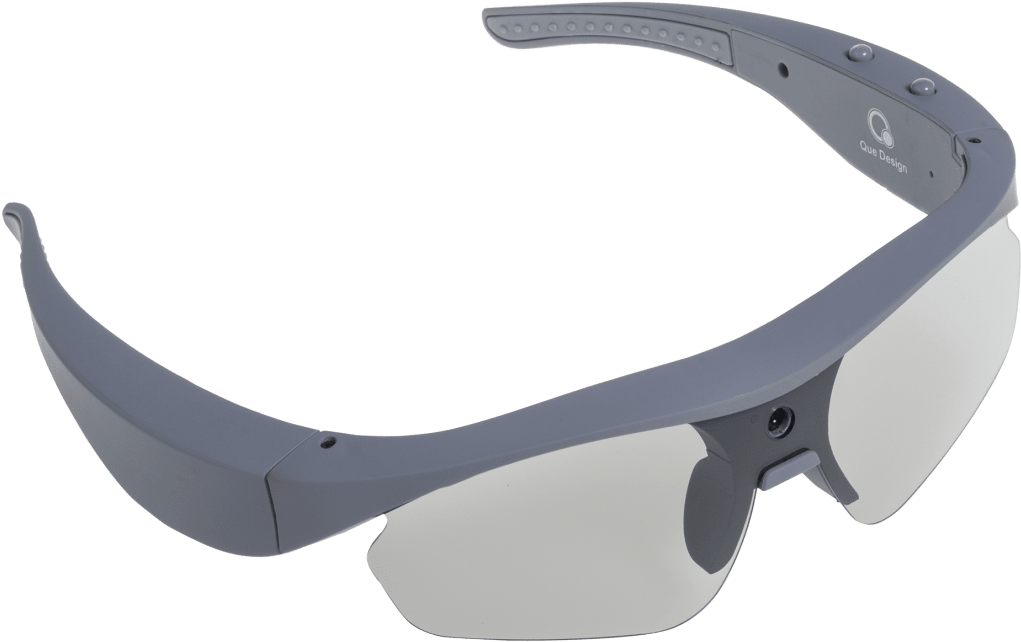 Eyeglasses 桌布 壁紙 — 現代灰色智慧眼鏡，配備反光鏡片和可見相機模組，置於黑色背景前。