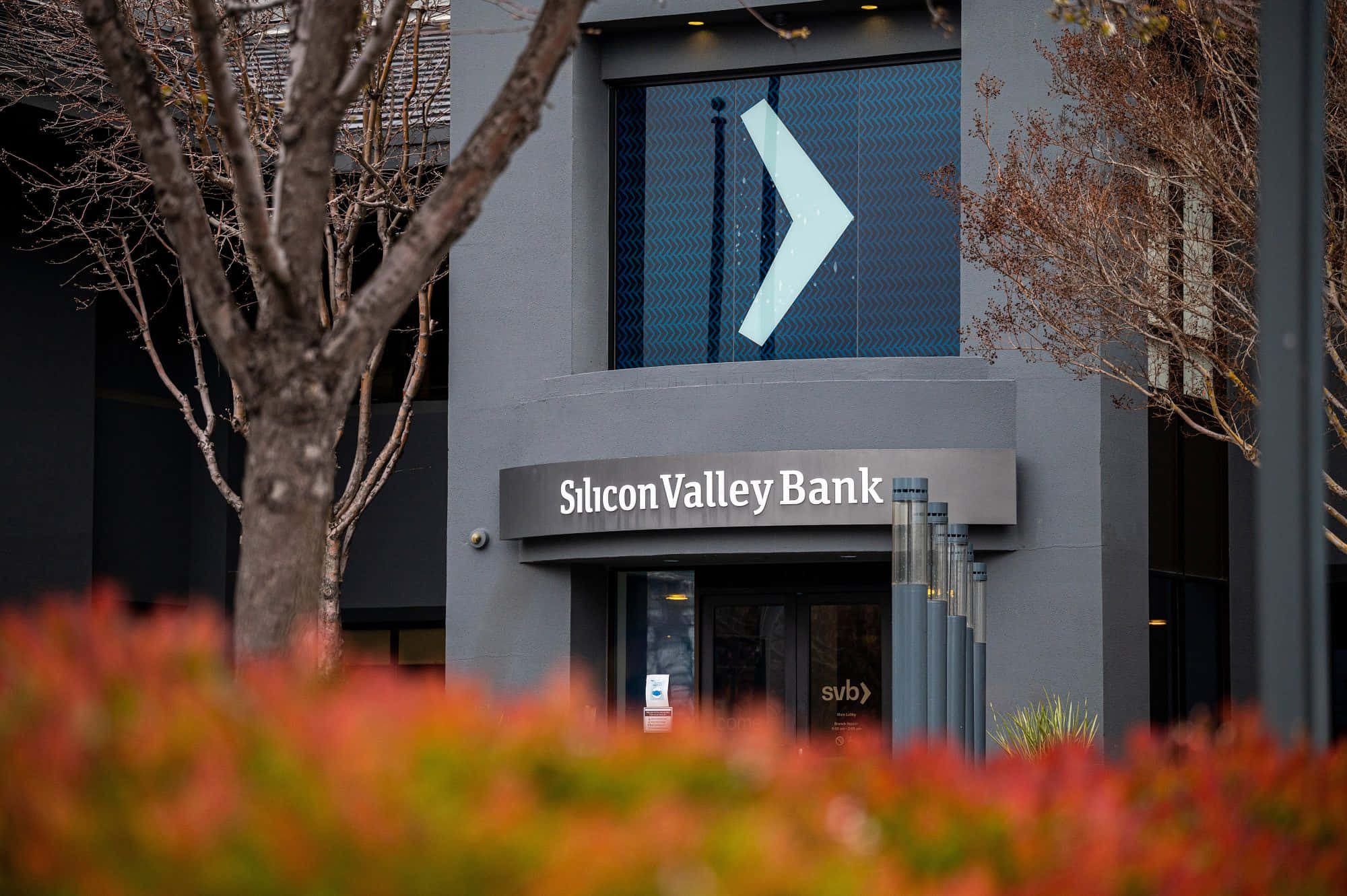 Bank 桌布 壁紙 — 現代灰色銀行建築，帶有 'Silicon Valley Bank' 標誌和大型箭頭標誌，被光禿的樹木和鮮豔的紅色樹葉環繞。