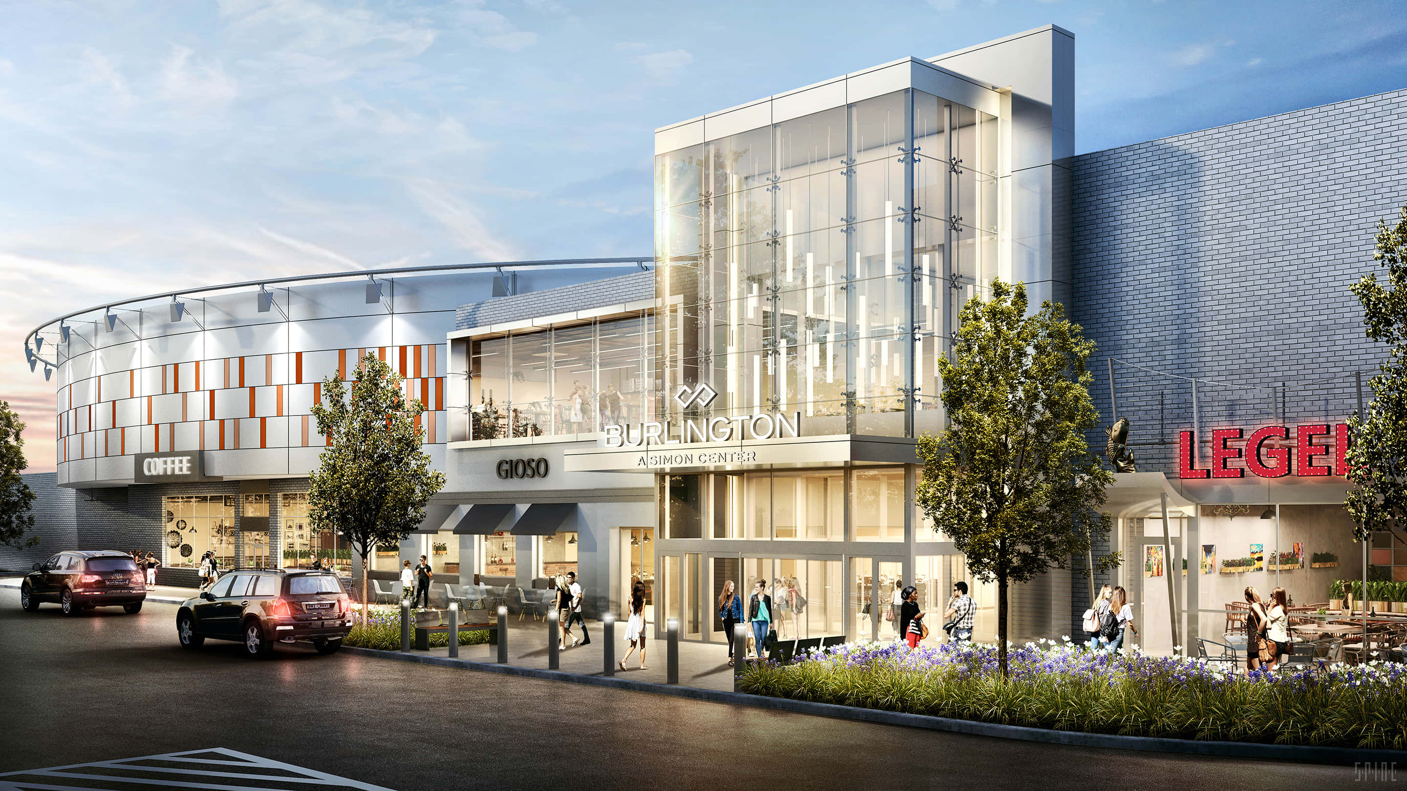 Mall 桌布 壁紙 — 現代玻璃和磚砌購物中心，店鋪門面、汽車和行人在晴朗的藍天下。