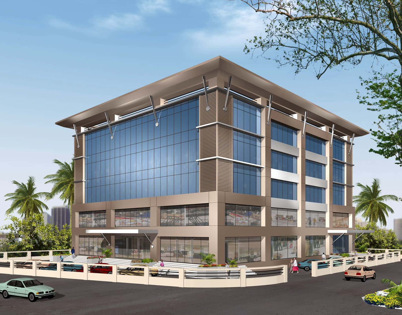 Building 桌布 壁紙 — 現代玻璃和米色辦公大樓，棕櫚樹和汽車在清澈的藍天下。