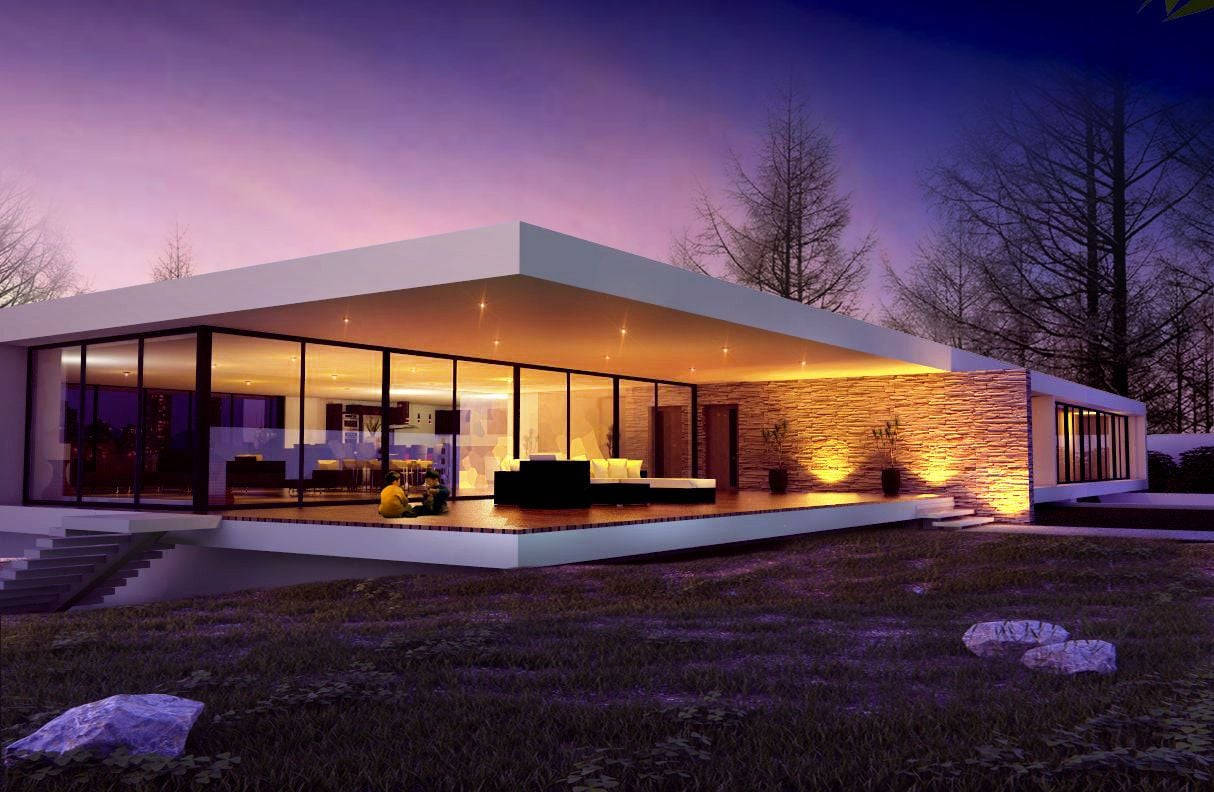 Luxury House 桌布 壁紙 — 現代玻璃屋在黃昏時溫暖地發光，周圍是紫色天空和光禿禿的樹木。