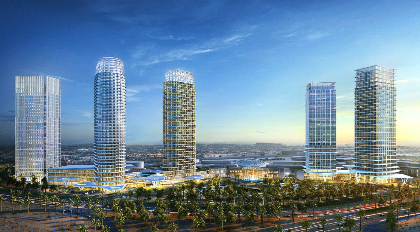 Riyadh 桌布 壁紙 — 現代玻璃摩天大樓，採用弧形和矩形設計，在晴朗的藍天下聳立，前景排列著棕櫚樹。