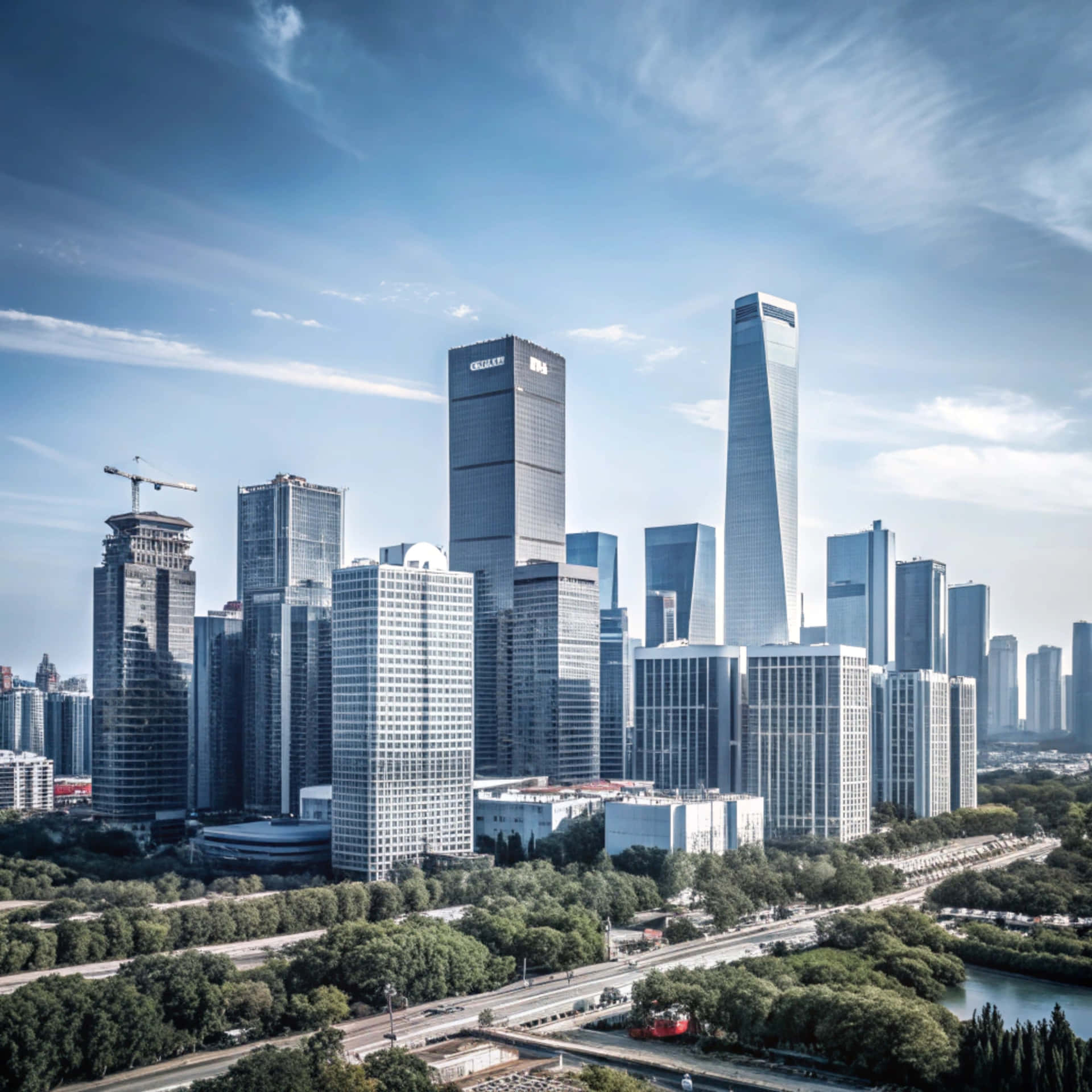 Beijing Skyline 壁紙 — 現代玻璃摩天大樓刺穿晴朗的藍天，帶有縷縷白雲，下方是綠色公園和高速公路。