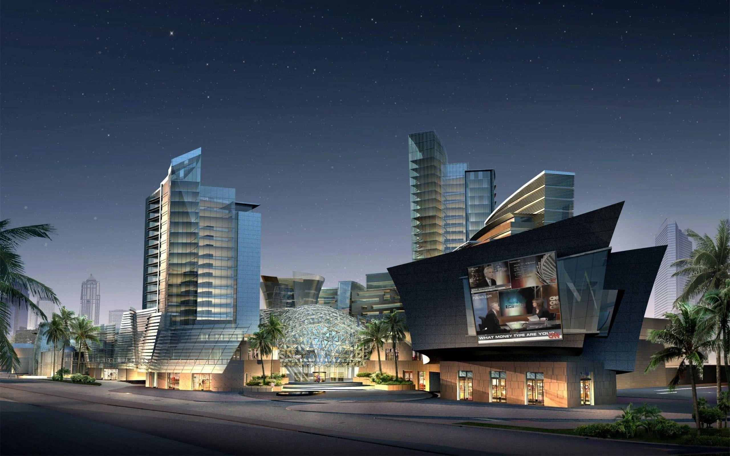 Design 桌布 壁紙 — 現代玻璃摩天大樓和未來主義建築在星空下閃耀，街道兩旁種滿棕櫚樹。