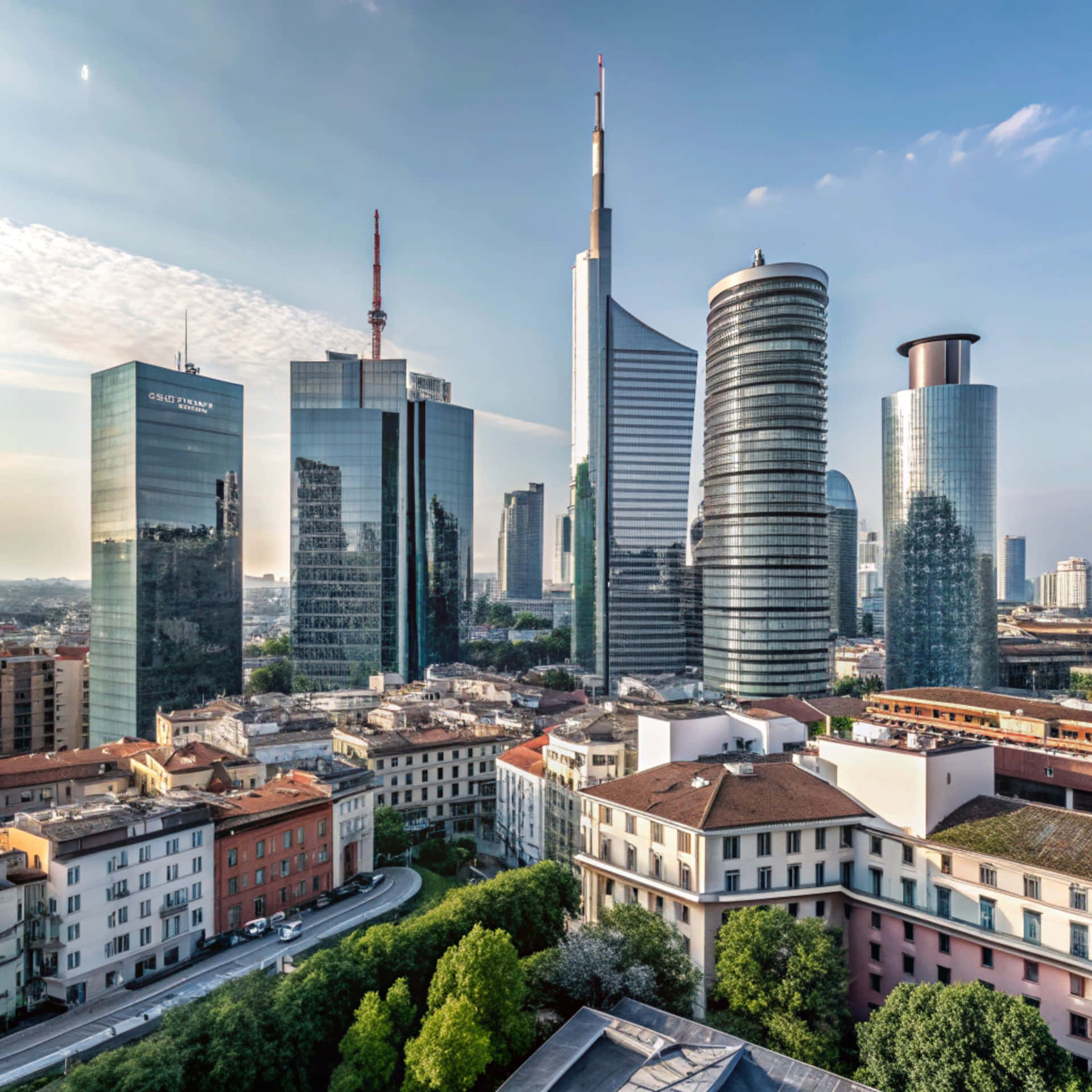 Milan Skyline 壁紙 — 現代玻璃摩天大樓在歷史悠久的紅頂建築和茂密綠樹之上，刺穿清澈的藍天。