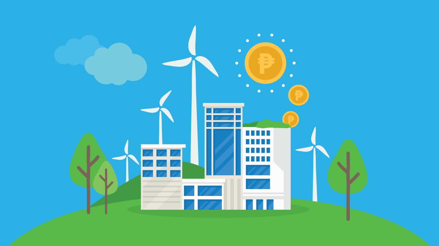 Green Technology 桌布 壁紙 — 現代環保建築，設有風力渦輪機和漂浮的加密貨幣硬幣，在晴朗的藍天下。