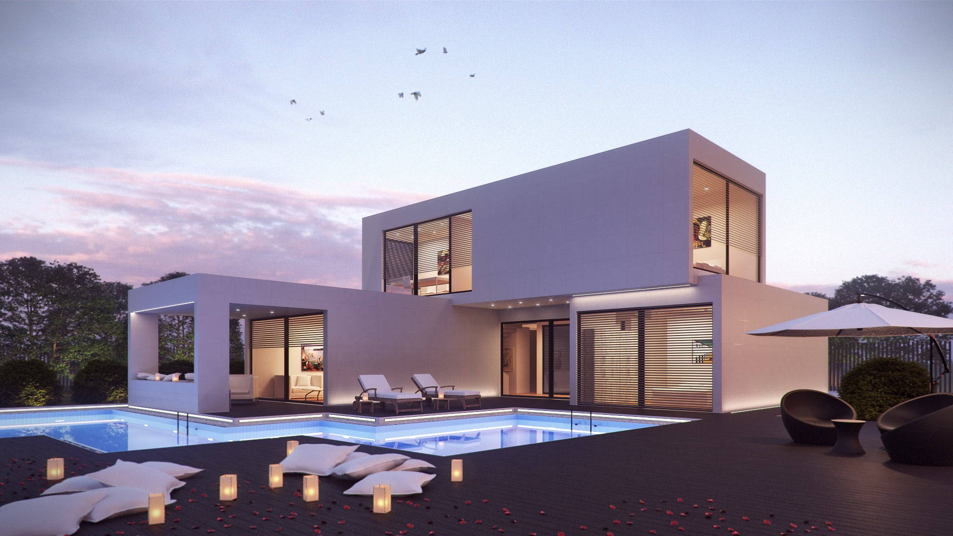 Luxury House 桌布 壁紙 — 現代白色別墅，在黃昏時分被玫瑰花瓣和蠟燭包圍，閃爍的窗戶和游泳池。