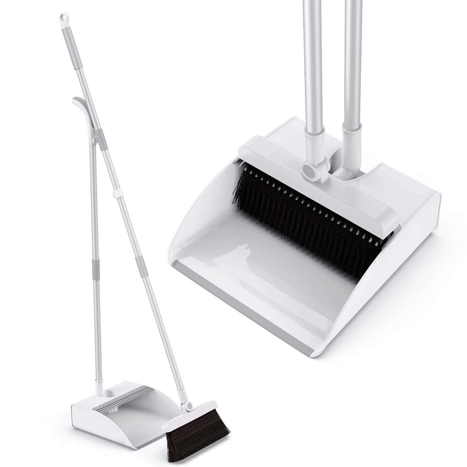 Broom 桌布 壁紙 — 現代白色垃圾鏟和掃帚套裝，帶黑色刷毛，置於潔白背景上。