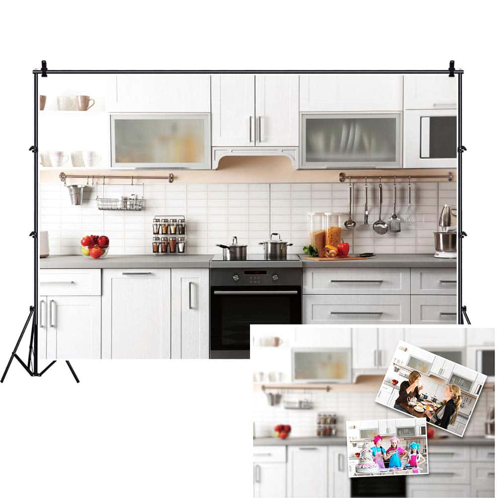 Best Kitchen 桌布 壁紙 — 現代白色廚房背景，配有不鏽鋼電器和掛式用具，適合攝影。