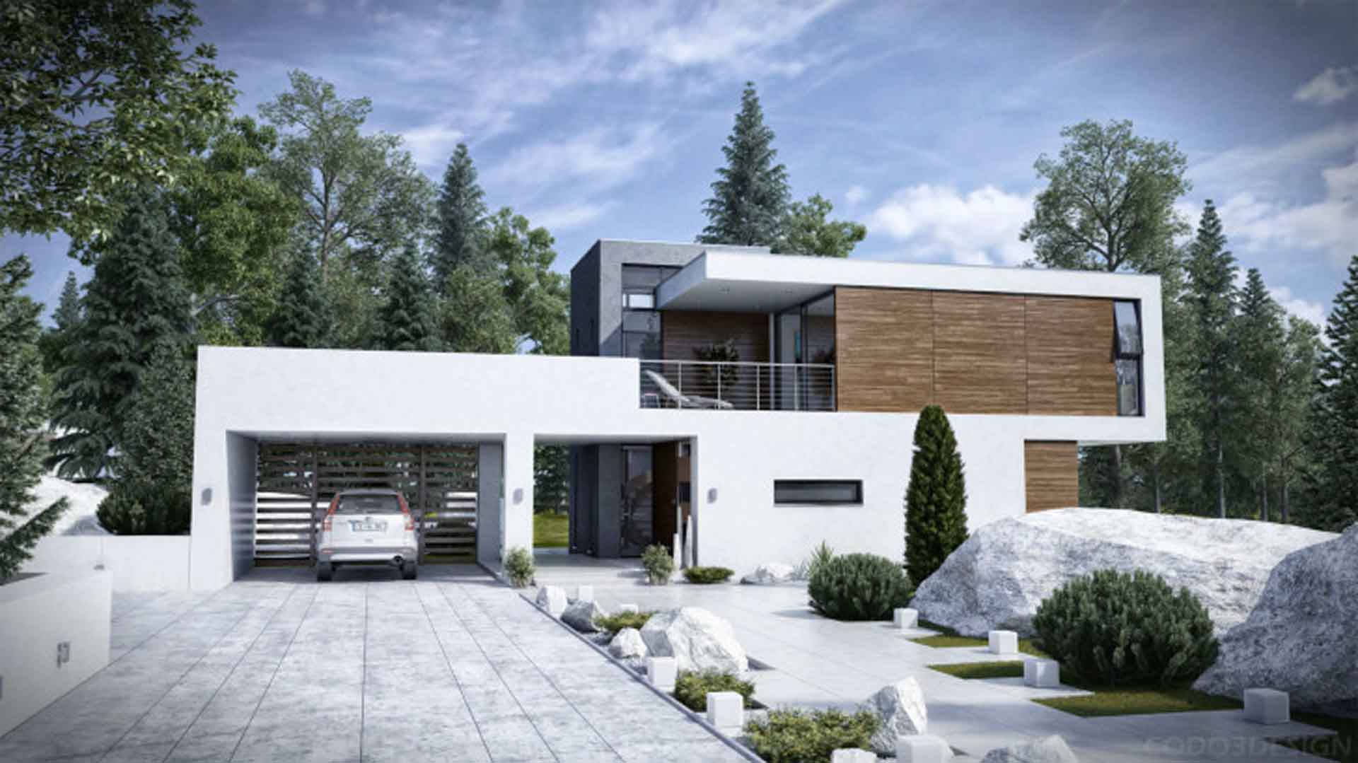 Luxury House 桌布 壁紙 — 現代白色房屋，帶有木質裝飾和玻璃窗，坐落在高大的松樹之間，天空湛藍。