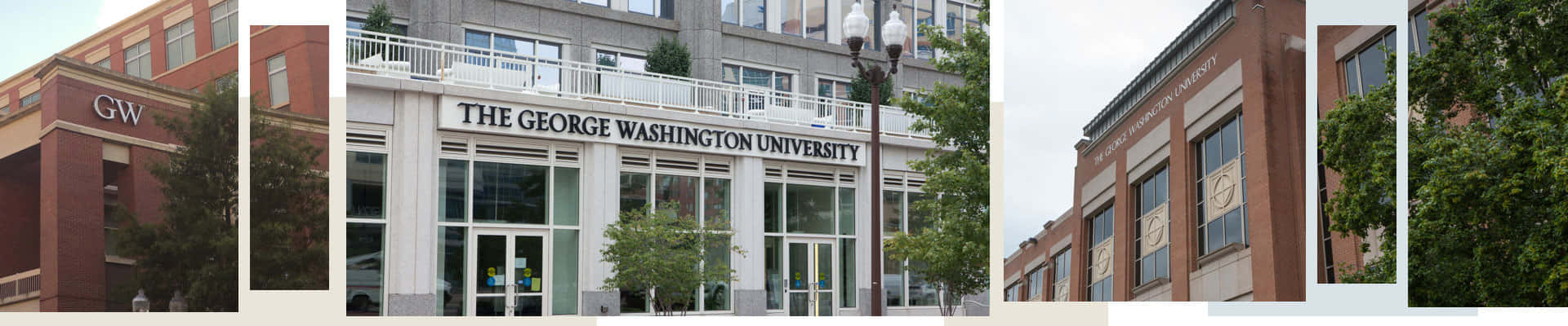 學校 桌布 壁紙 — 現代磚砌大學建築，帶有「The George Washington University」標誌和玻璃入口，周圍環繞樹木。