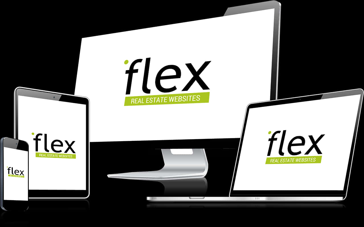 網站 桌布 壁紙 — 現代科技裝置在時尚的黑色背景上展示「flex real estate websites」標誌。