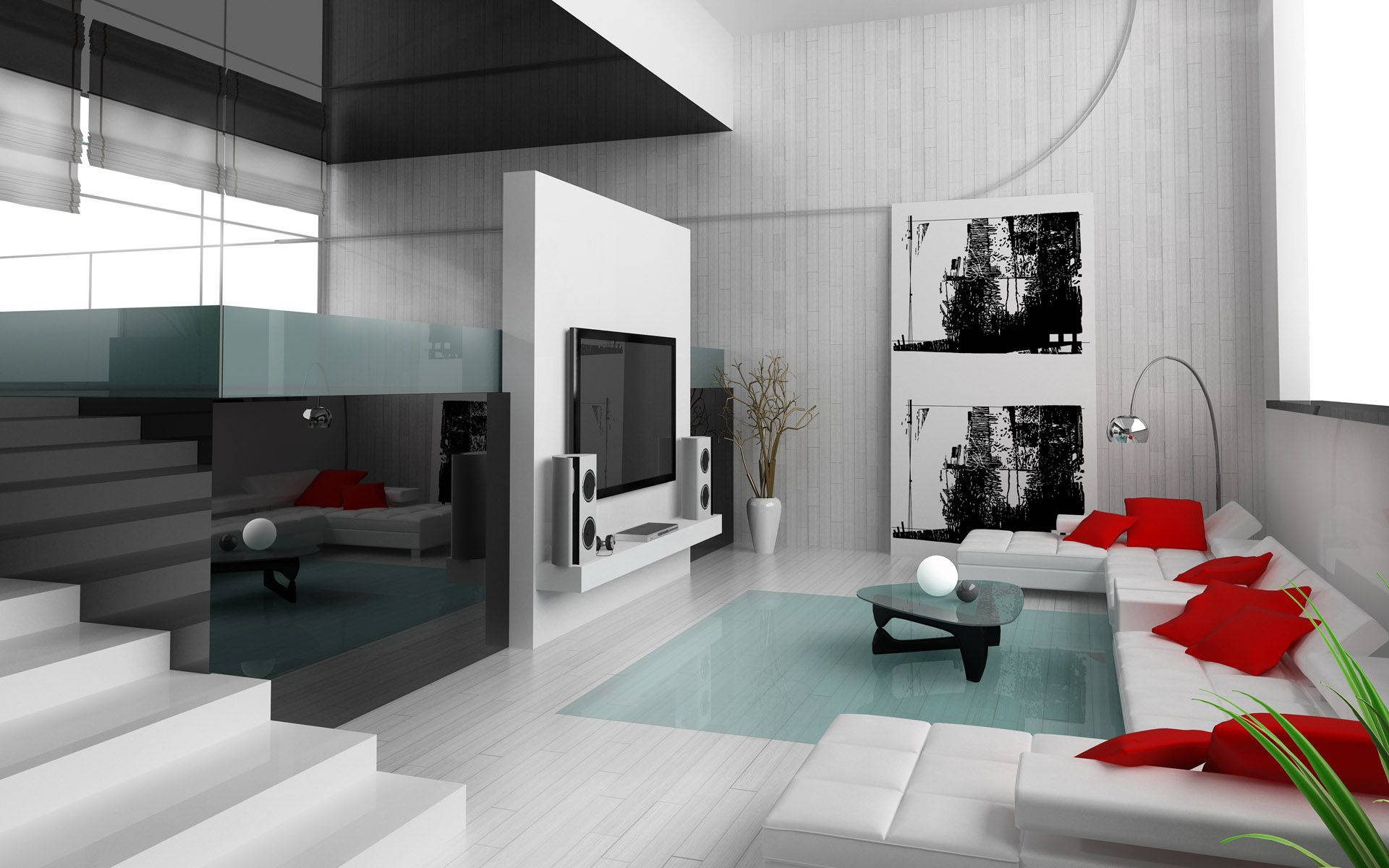 Interior Design 桌布 壁紙 — 現代簡約客廳，白色家具、紅色靠墊和青綠色地毯，在明亮的日光下。