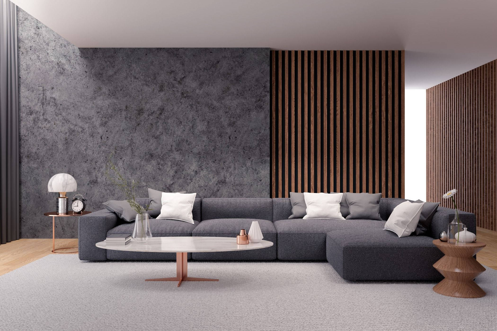 Interior Design 桌布 壁紙 — 現代簡約客廳，設有大型灰色組合沙發，搭配紋理灰色牆壁和木條裝飾牆，以及大理石咖啡桌。