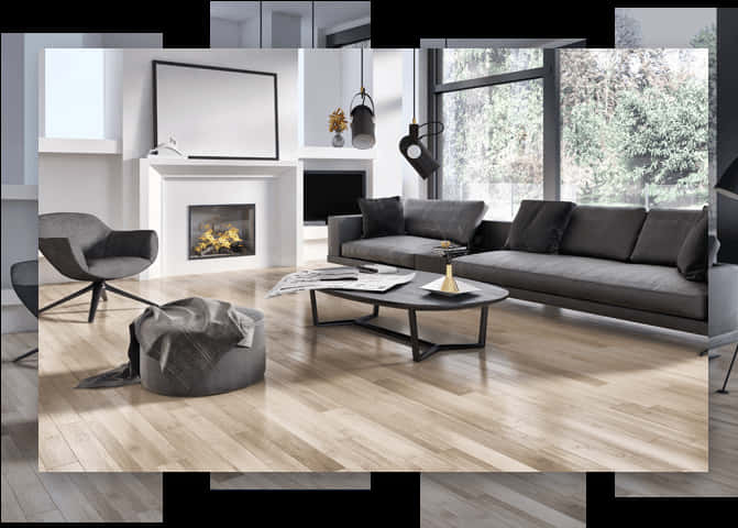 Wood Floor 桌布 壁紙 — 現代簡約客廳，配備灰色沙發、壁爐和木地板，沐浴在自然光中。