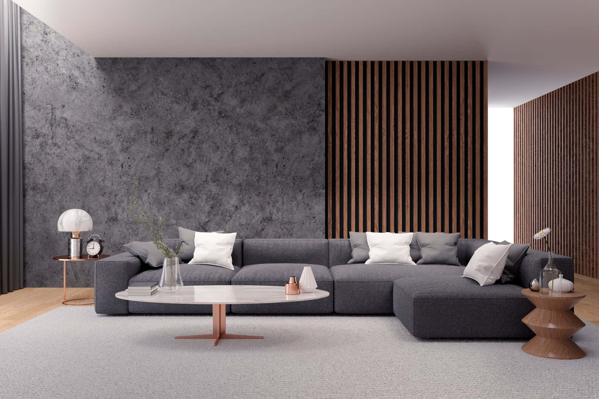 Living Room 桌布 壁紙 — 現代簡約客廳，配有灰色組合沙發、木條牆壁和大理石咖啡桌。