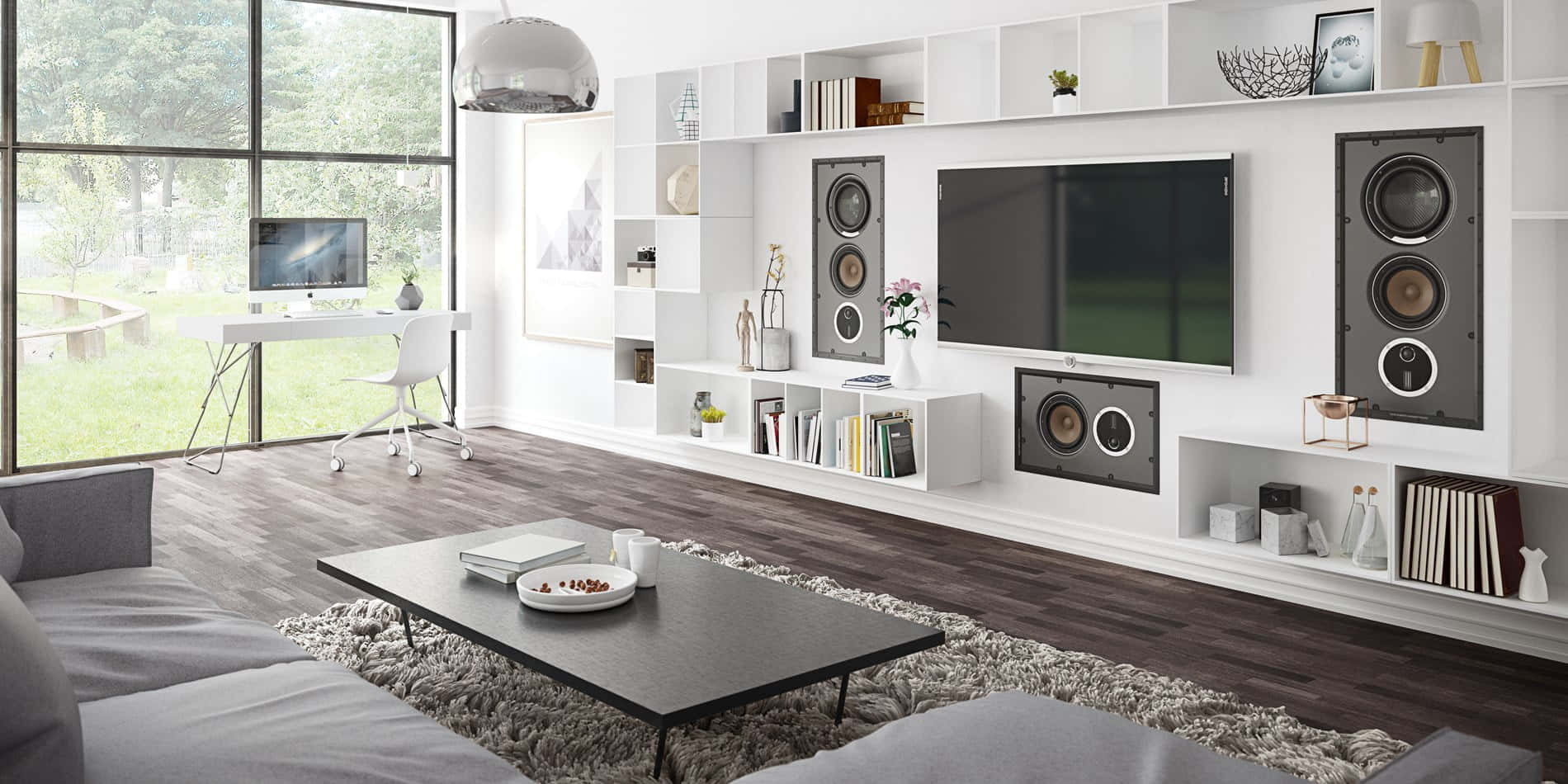 Home Cinema 桌布 壁紙 — 現代簡約客廳，配有白色內置層架、時尚電視、灰色沙發和可俯瞰綠化景觀的大窗戶。