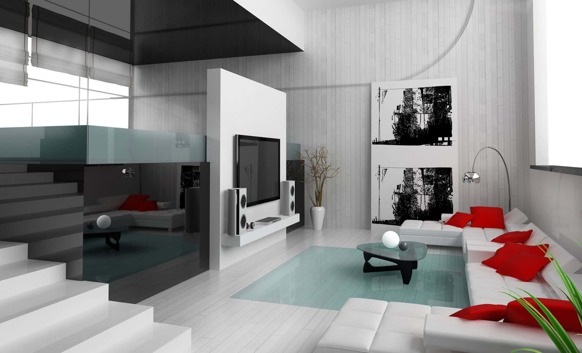 Interior Design 桌布 壁紙 — 現代簡約客廳，配有白色家具、紅色靠墊、玻璃樓梯和時尚咖啡桌下的青綠色地毯。