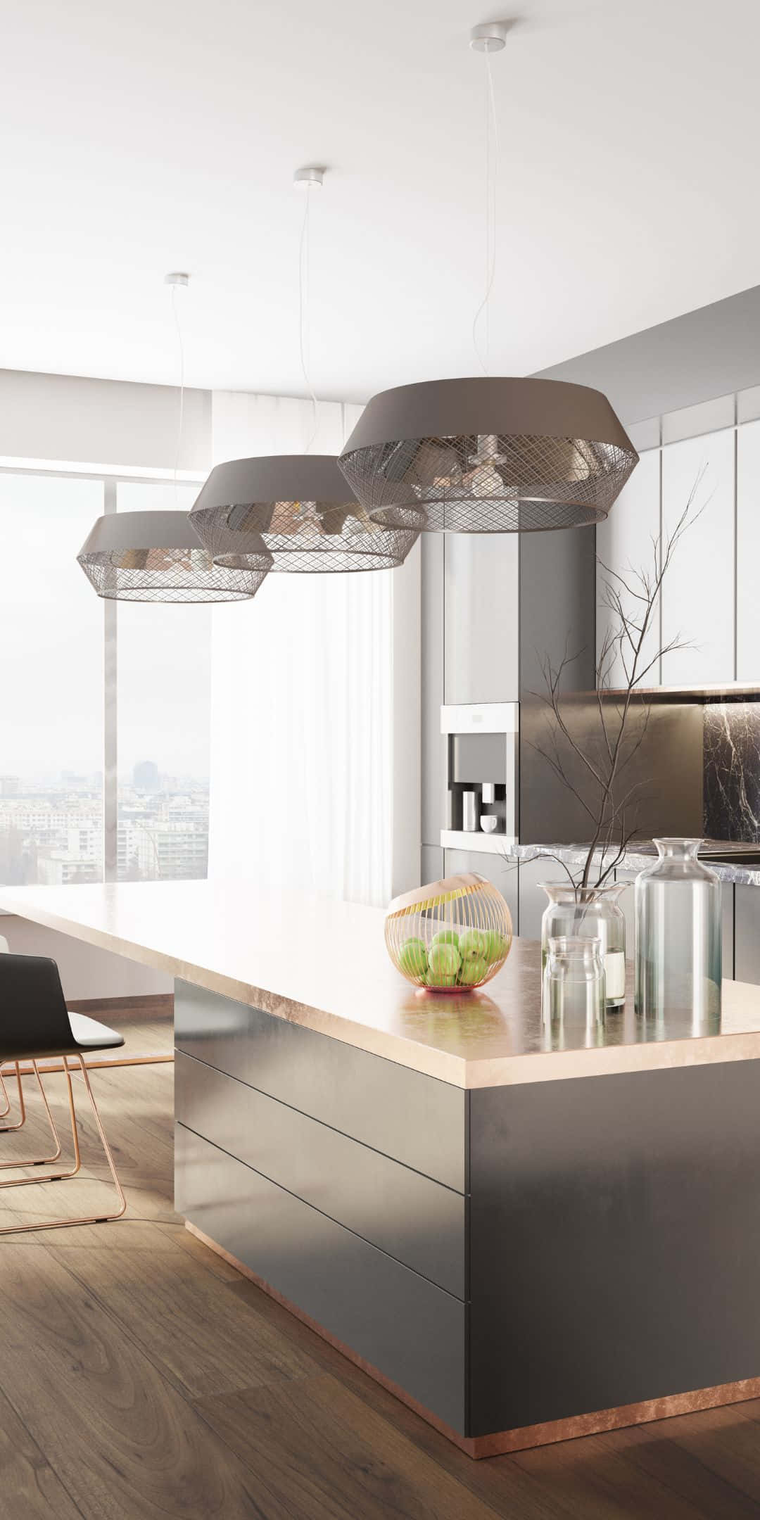 Pixel 3 Kitchen 桌布 壁紙 — 現代簡約廚房，配以時尚深色櫥櫃、淺色木質檯面和幾何吊燈，俯瞰城市景觀。