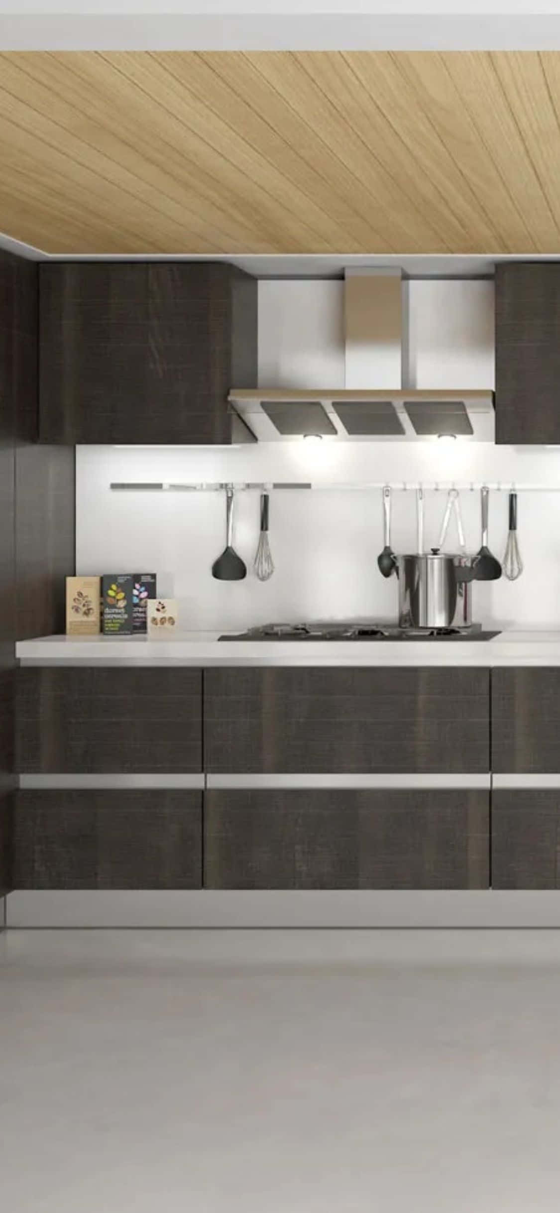 Kitchen 桌布 壁紙 — 現代簡約廚房，配有深色木櫃、白色檯面，以及掛在溫暖燈光下的廚具。
