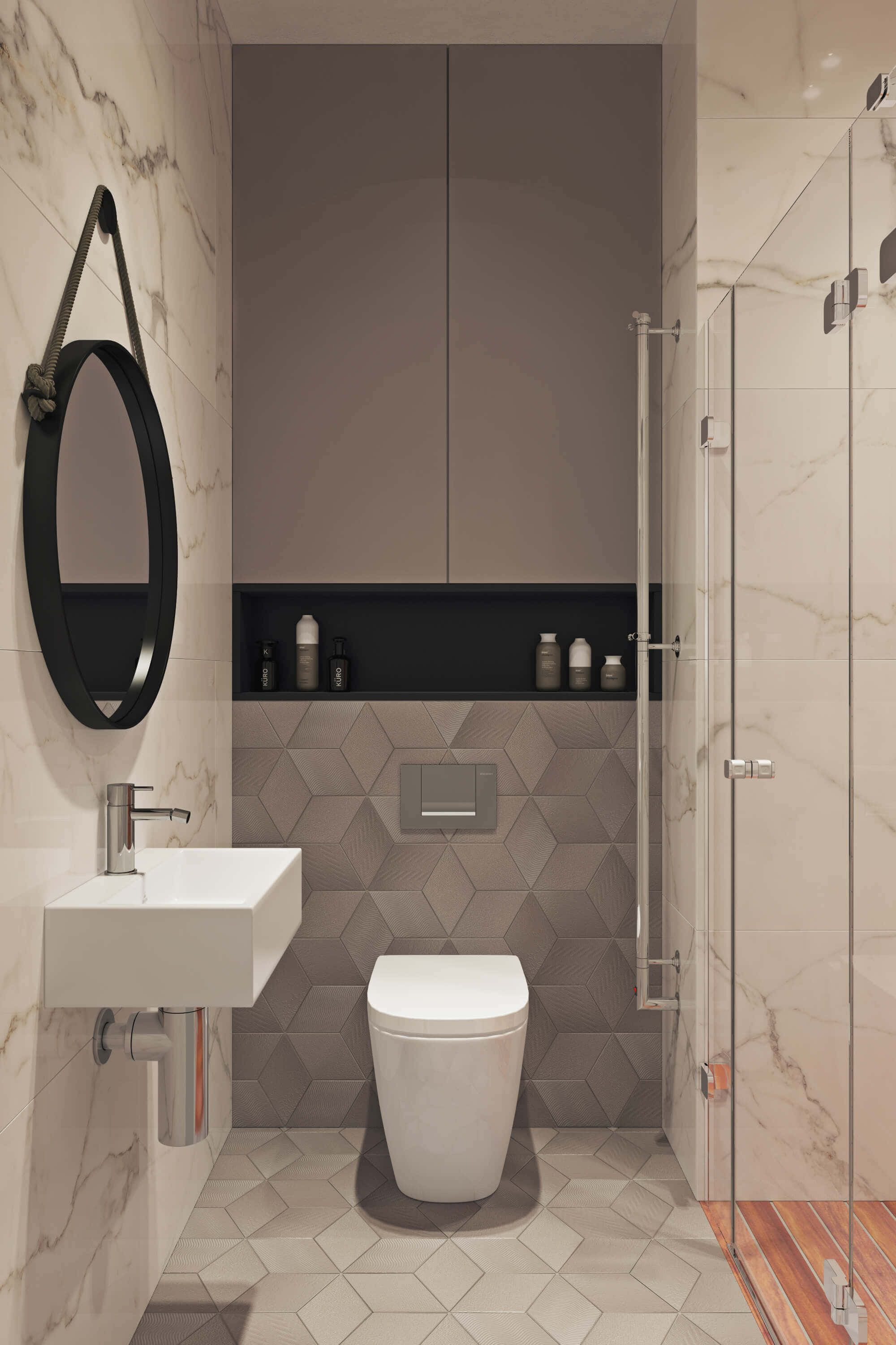 Toilet 桌布 壁紙 — 現代簡約浴室，採用大理石牆壁、六角形磁磚和時尚白色潔具，柔和環境照明。