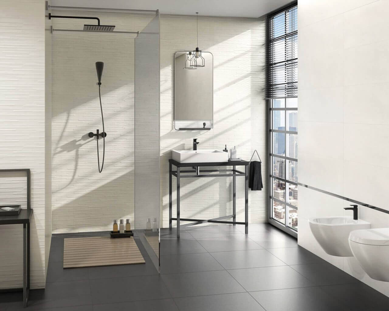 bathroom 桌布 壁紙 — 現代簡約浴室，配備時尚黑色配件、白色瓷磚和可俯瞰城市景觀的大窗戶。