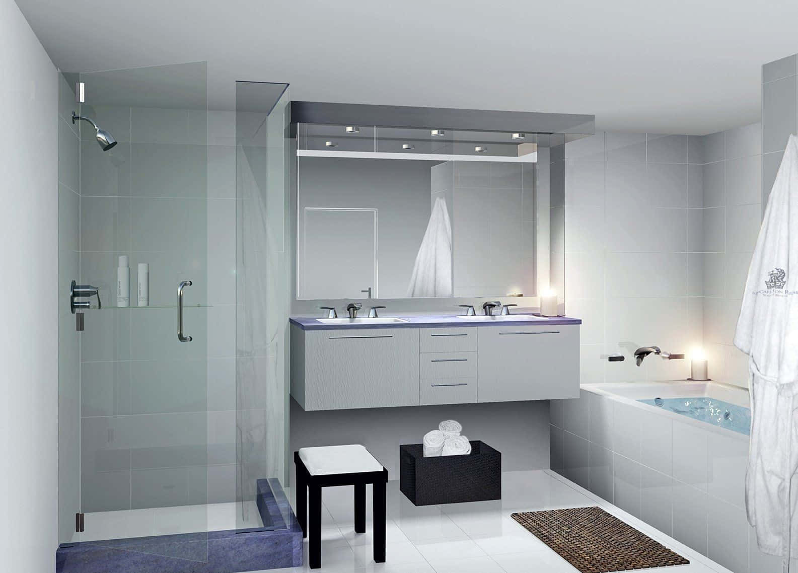 Bathroom Decor 桌布 壁紙 — 現代簡約浴室，配備玻璃淋浴間、懸浮式洗手台和帶燈光的浴缸。