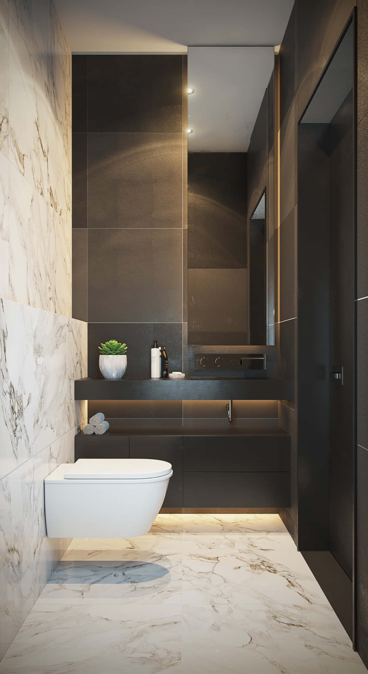 Black And White Bathroom 桌布 壁紙 — 現代簡約浴室，配有白色大理石牆壁和地板、黑色懸浮洗手台和溫暖的櫃下照明。